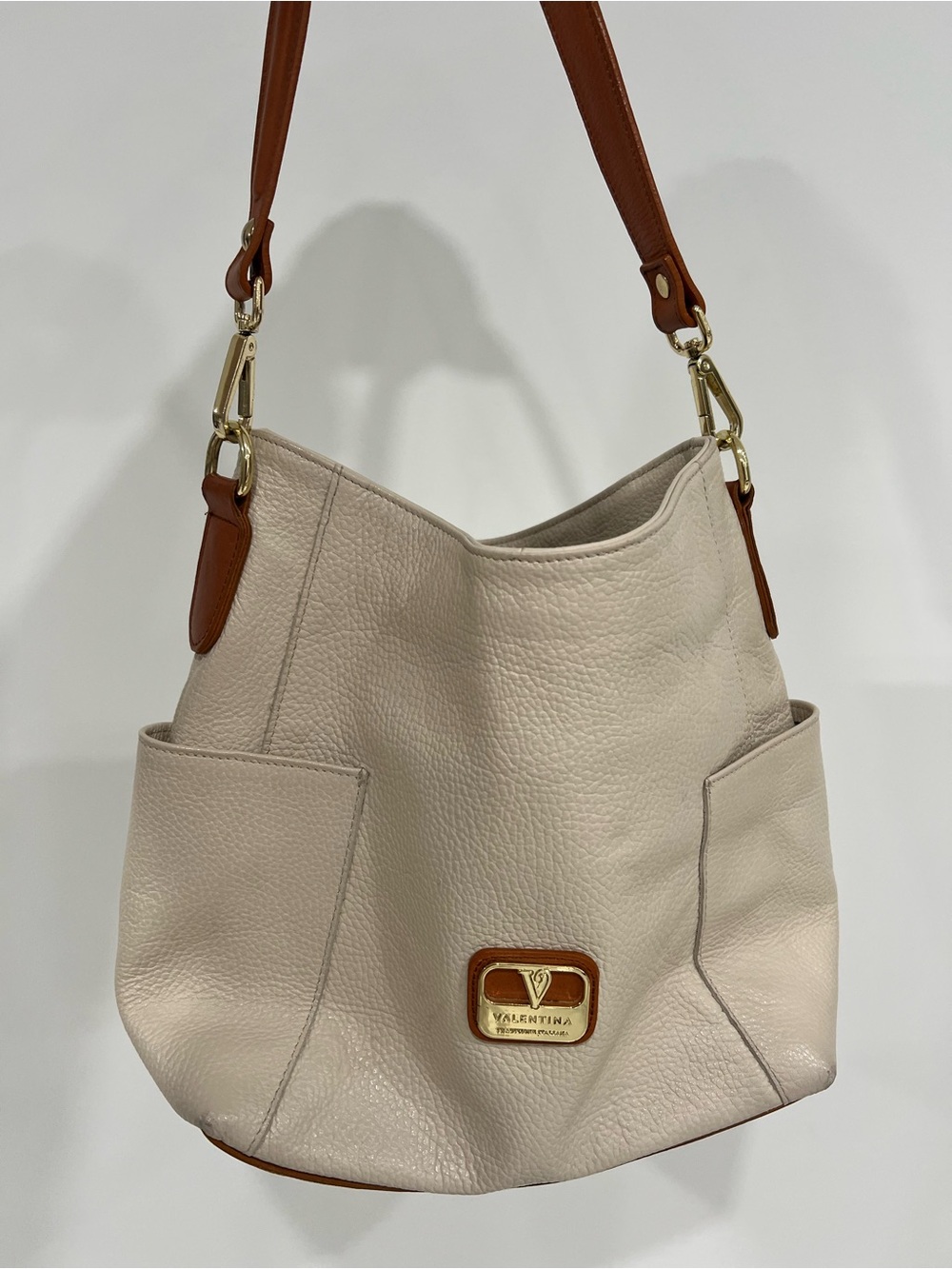 Valentina Cream Leather Shoulder Bag with Brown Strap